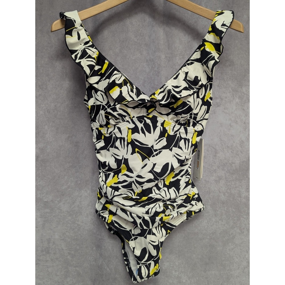 DKNY Black White Yellow Floral One-Piece Swimsuit